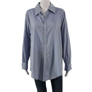 Crippen Women Collared Cotton Blue Long Sleeve Button-Up Size L